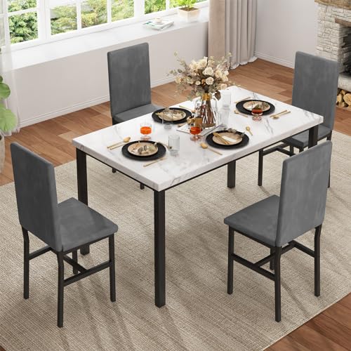 Dining Table Set for 4 with Faux Marble Tabletop and 4 PU Leather Chairs N222374