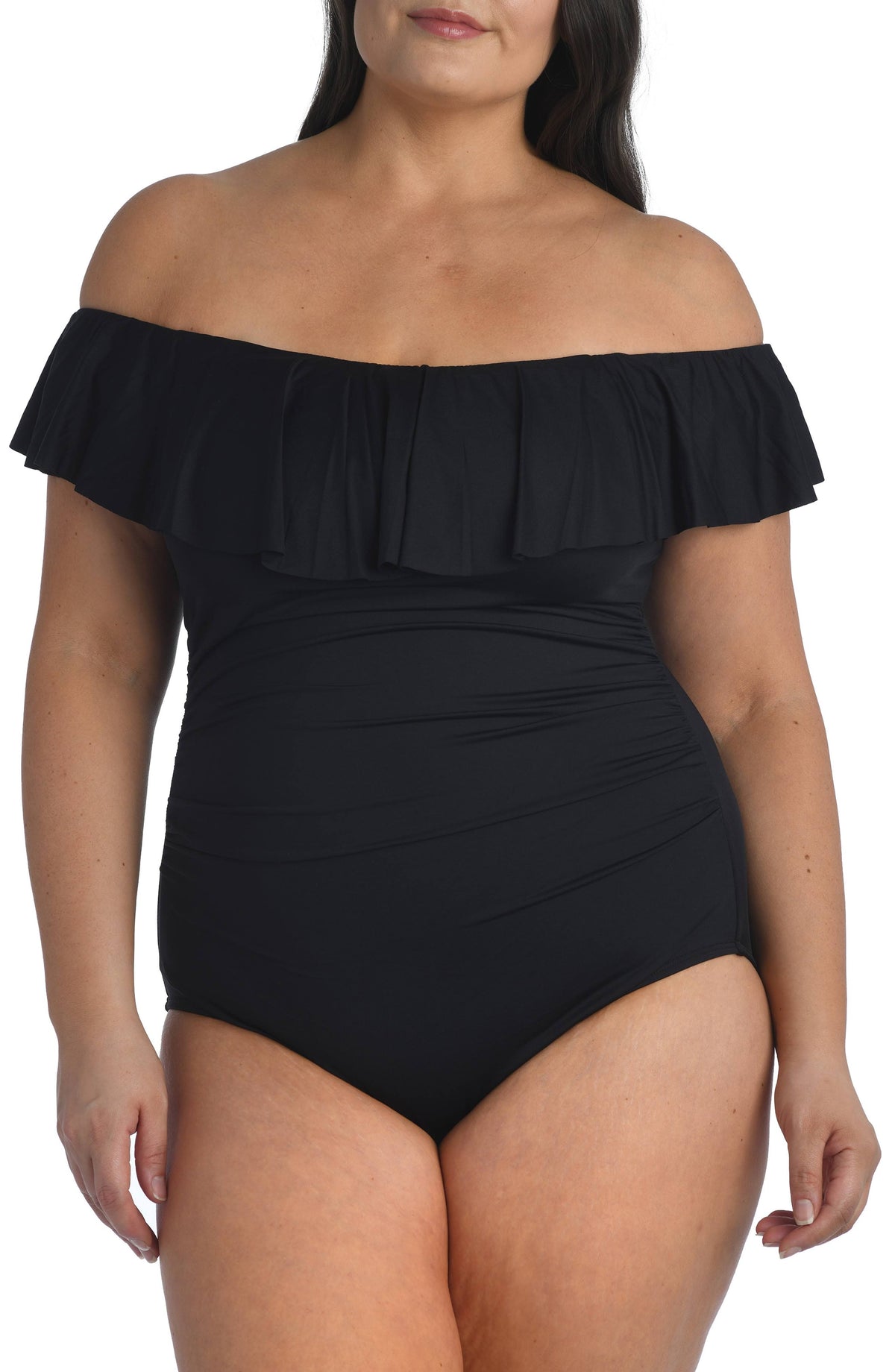 Plus Size Off-The-Shoulder One-Piece Swimsuit - Black L507