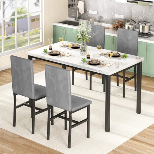 Dining Table Set for 4 with Faux Marble Tabletop and 4 PU Leather Chairs N222374