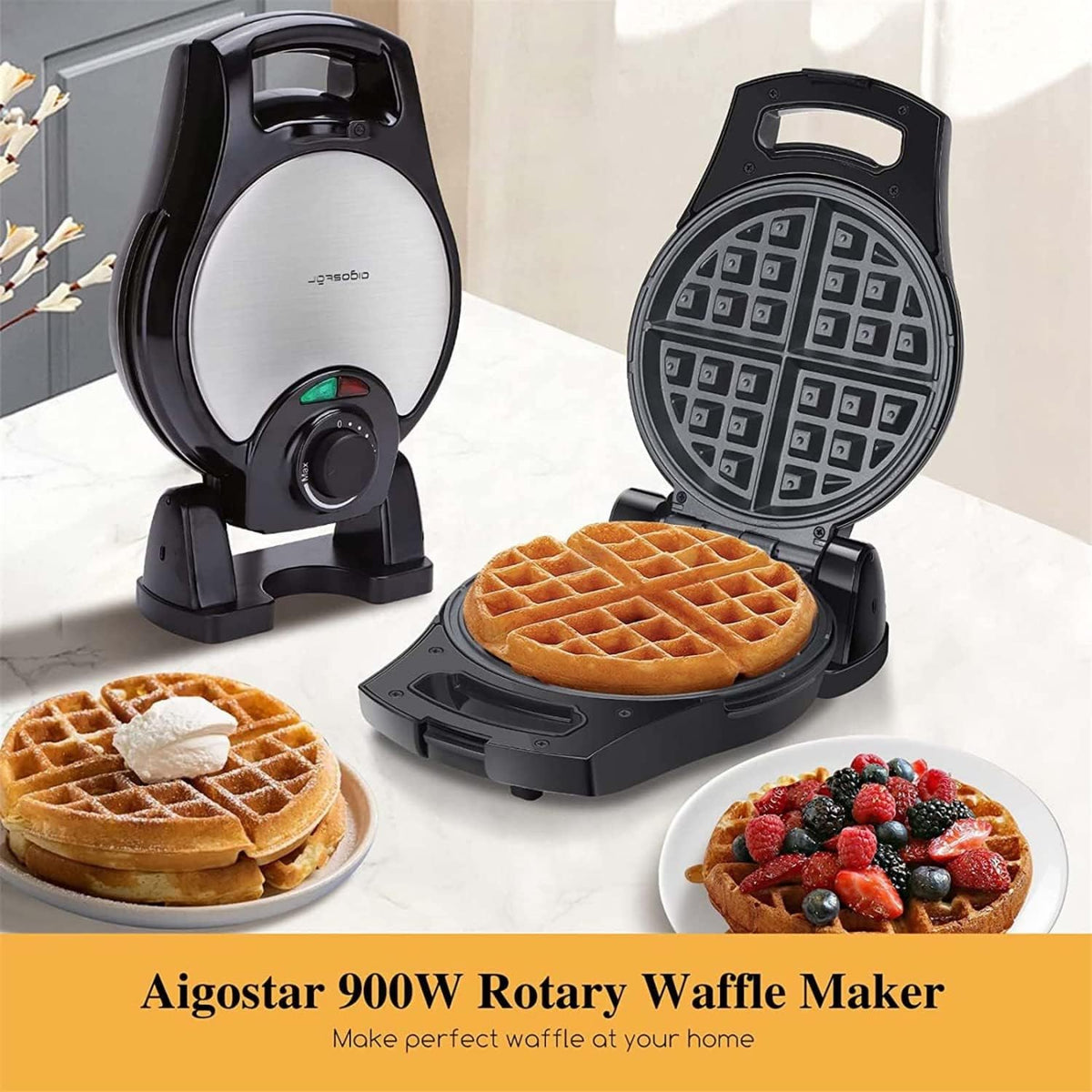 Belgian Waffle Maker 1.2" 8 Inch Flip Non Stick Panini Press Sandwich Maker W852