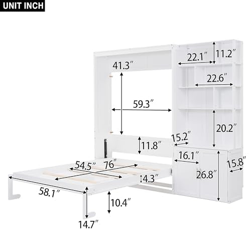 White Wood Full Size Murphy Bed with Storage Shelves R631