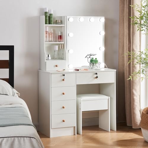 White 5 Drawer Vanity Desk with LED Lights and Mirror W44012