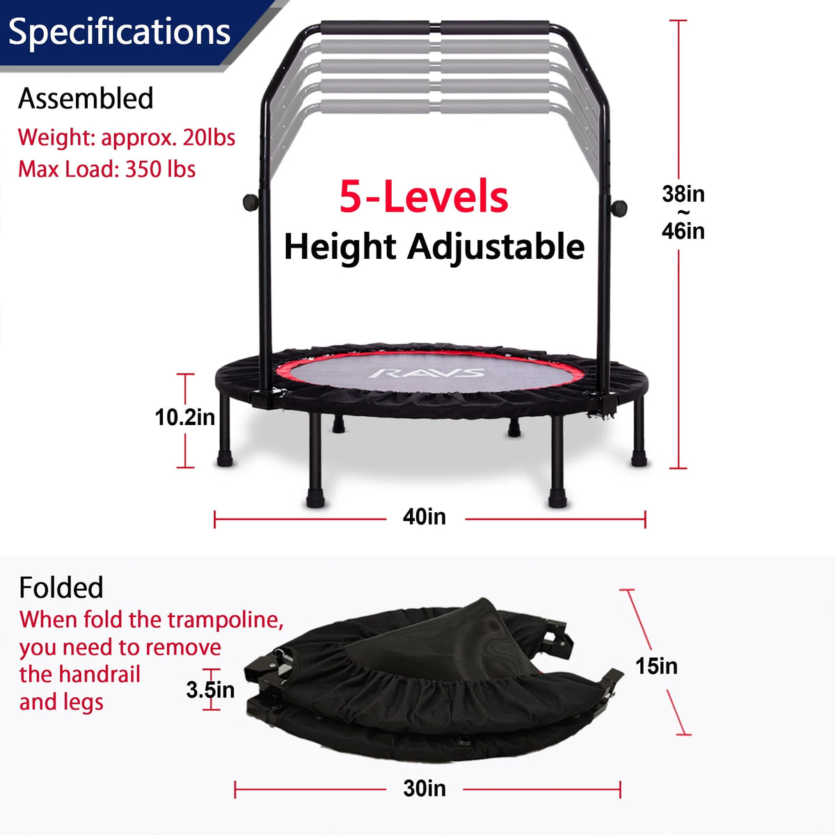 40'' Black Foldable Mini Trampoline Rebounder E714