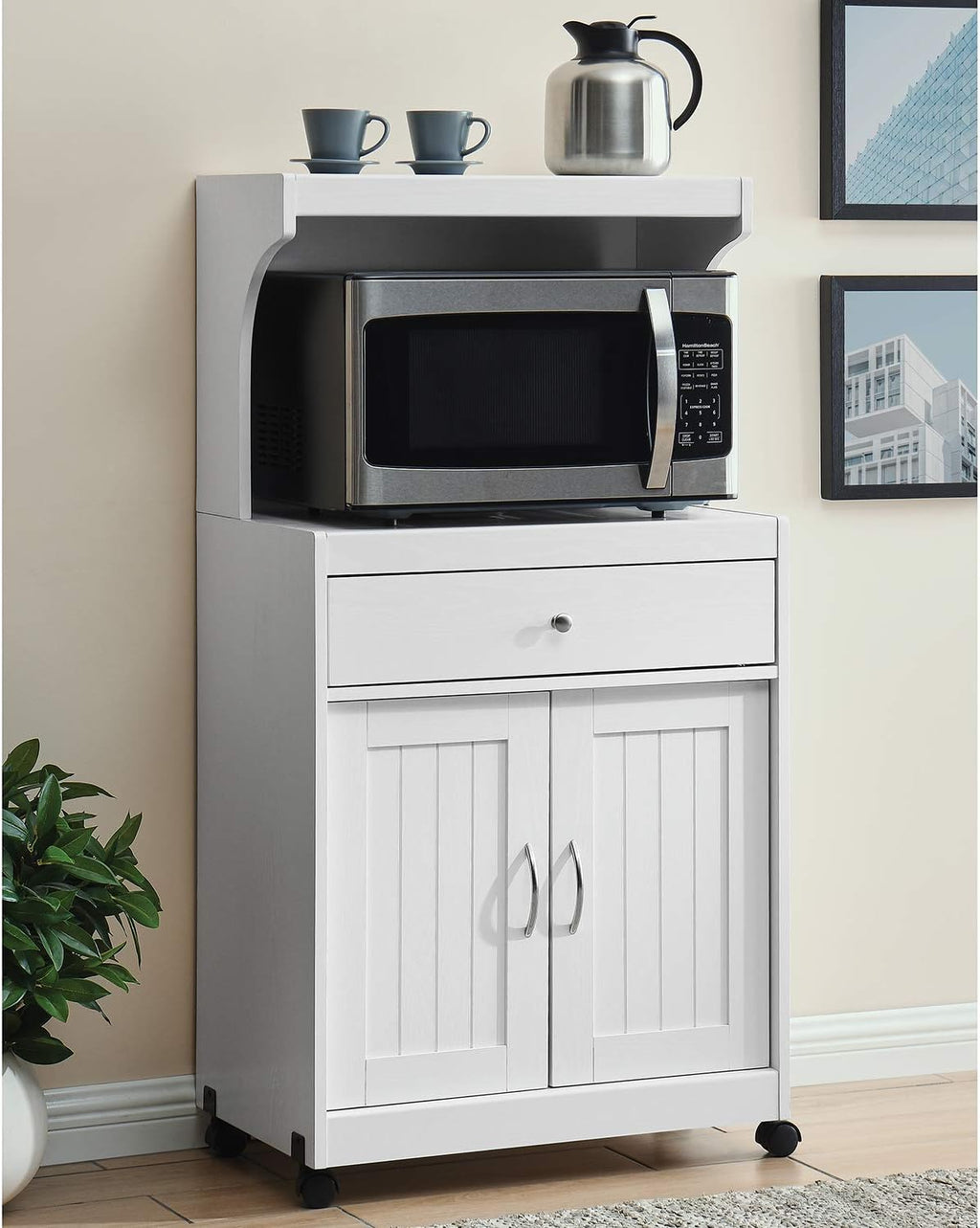 White Microwave Cart with Double Door Cabinet, 1 Drawer, and Top Shelf F810