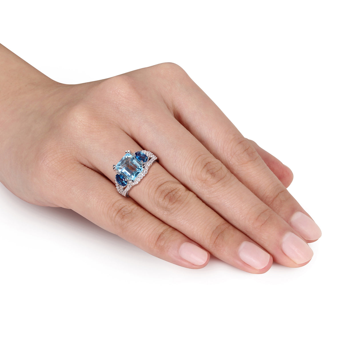 Oval & Octagon-Cut Sky & London Blue Topaz and Created White Sapphire Sterling Silver 3-Stone Ring G9740