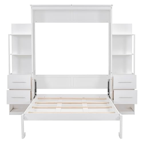 White Full Murphy Bed with Storage Shelves and Drawers H99579
