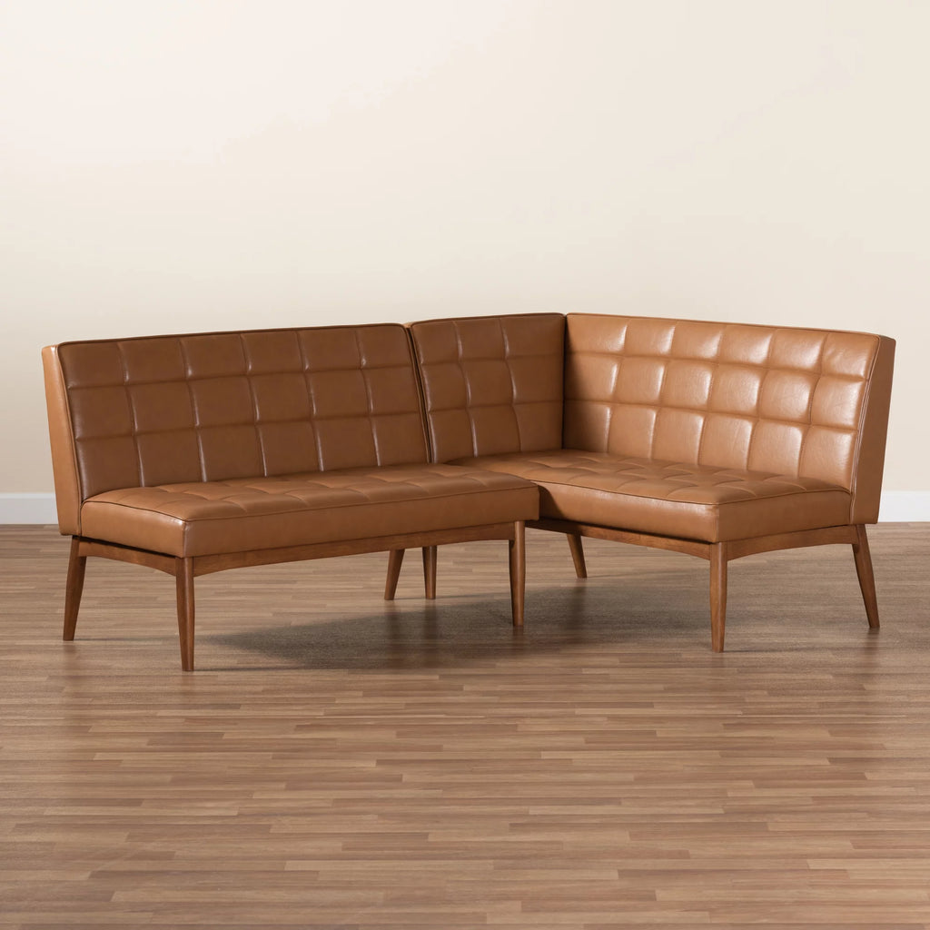 Tan Faux Leather Upholstered Walnut Brown Wood 2-Piece Dining Nook Banquette Set B756518