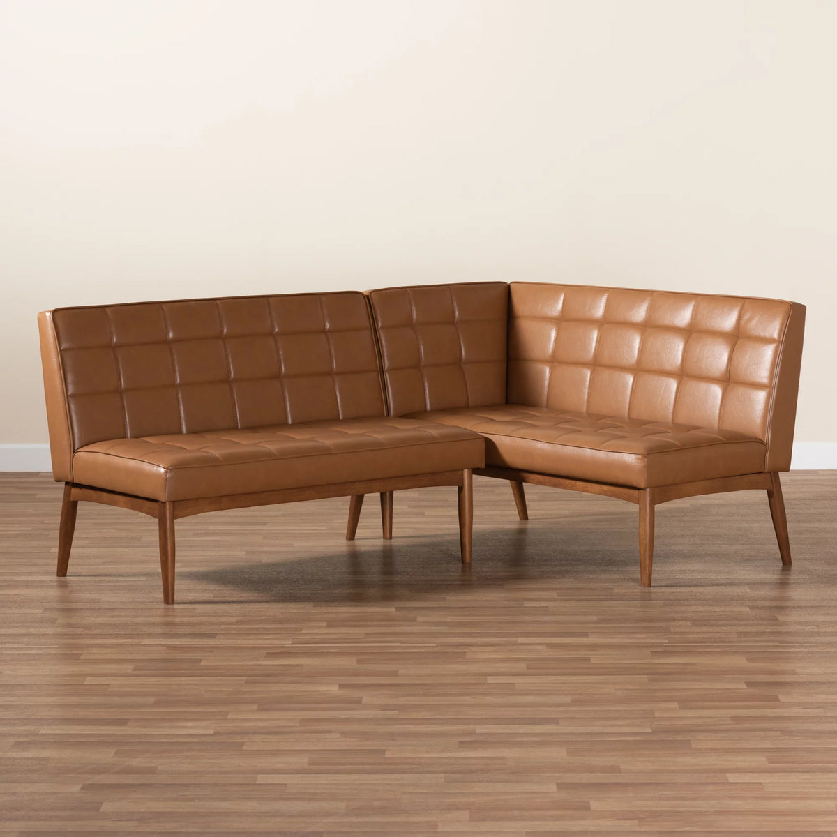 Tan Faux Leather Upholstered Walnut Brown Wood 2-Piece Dining Nook Banquette Set B756518