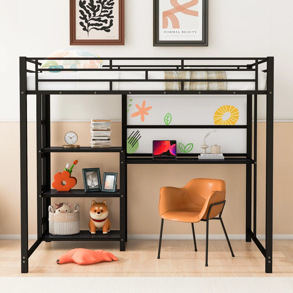 Full Size Black Metal Loft Bed with Desk and Whiteboard N1137