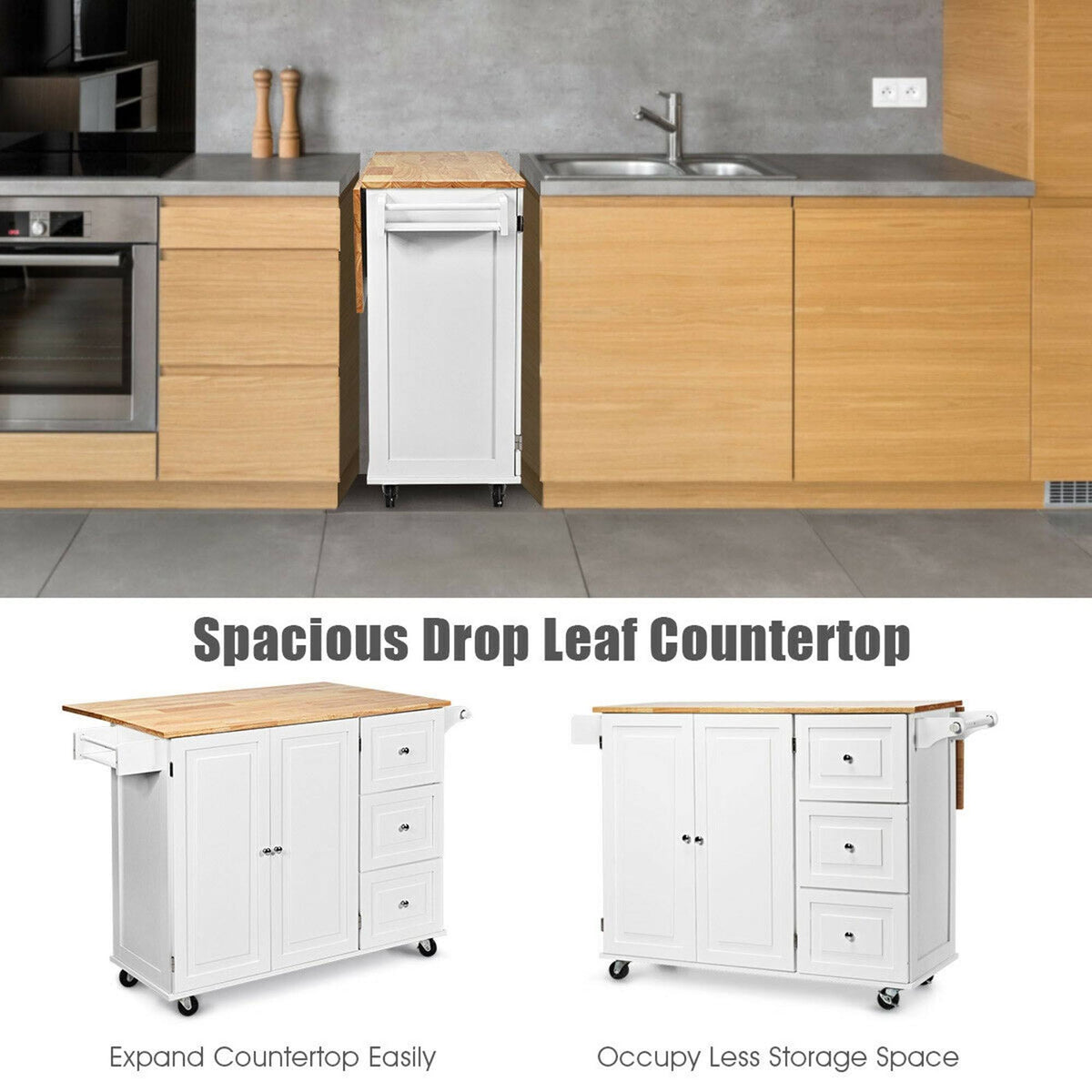 White Drop-Leaf Kitchen Island Trolley Cart Wood Storage Cabinet Q238616