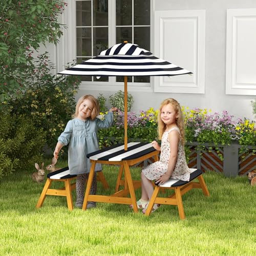 Wooden Kids Table and Benches Set with Umbrella P87219