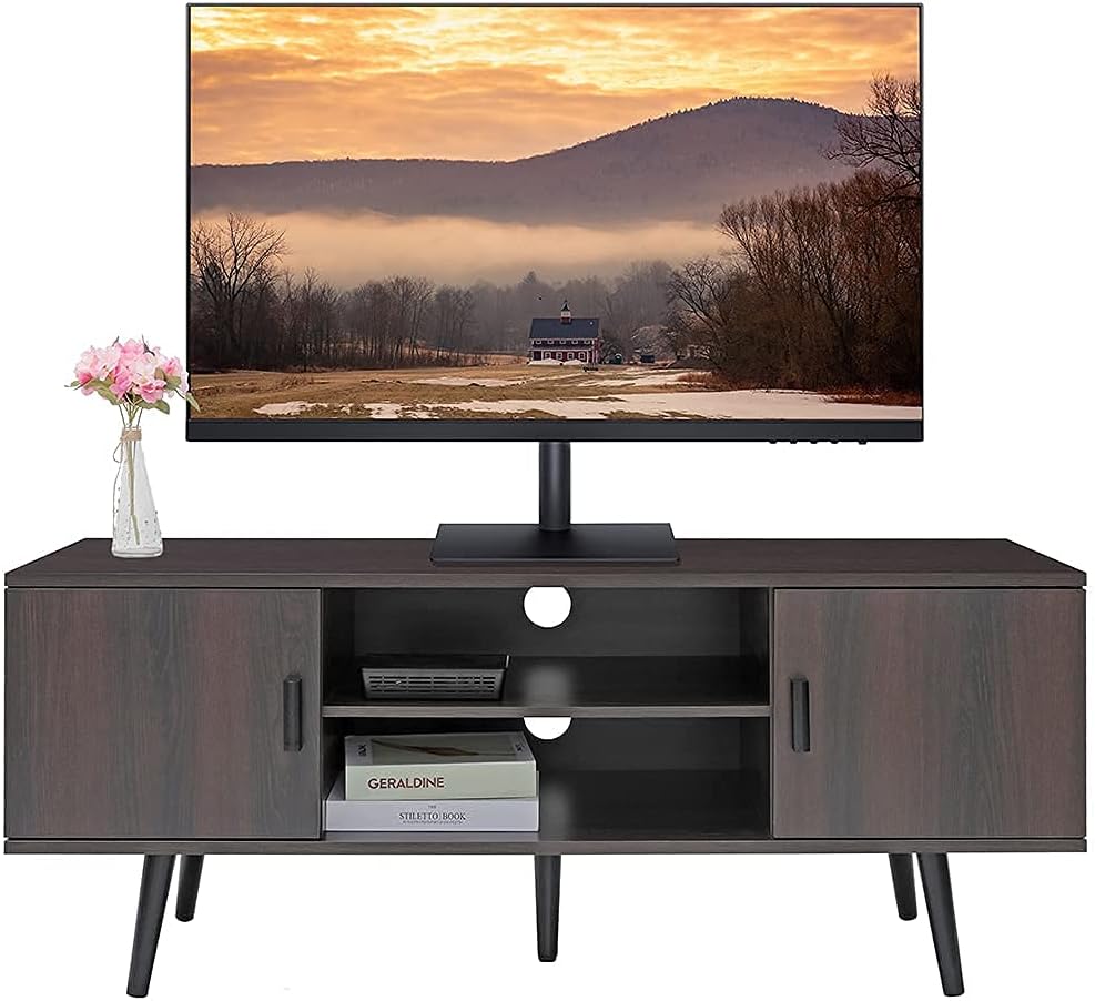 Retro TV Stand with 2 Cabinet & 2 Shelves, Dark Walnut D911091