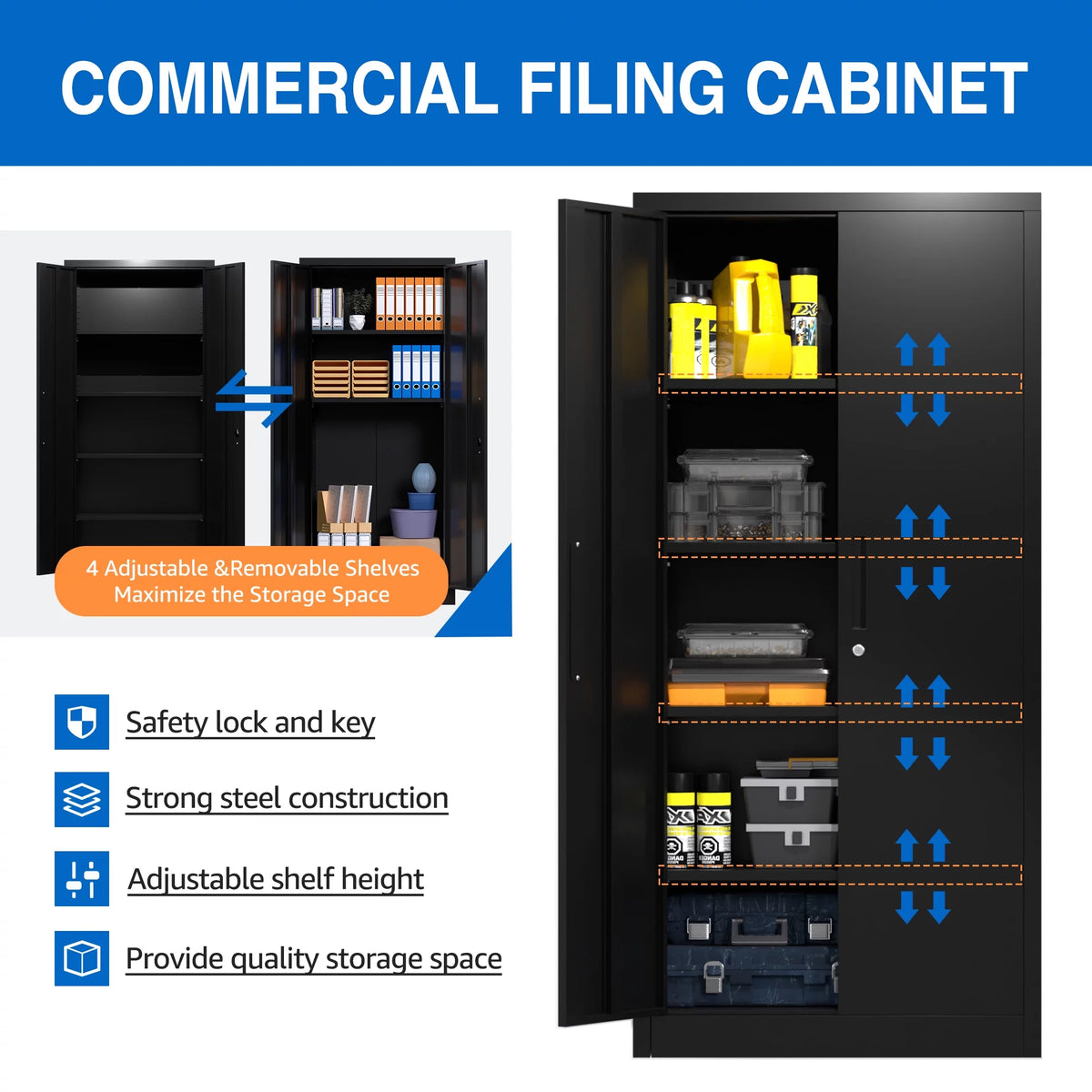 Black Metal Storage Cabinet with Lockable Doors and Shelves Z6116