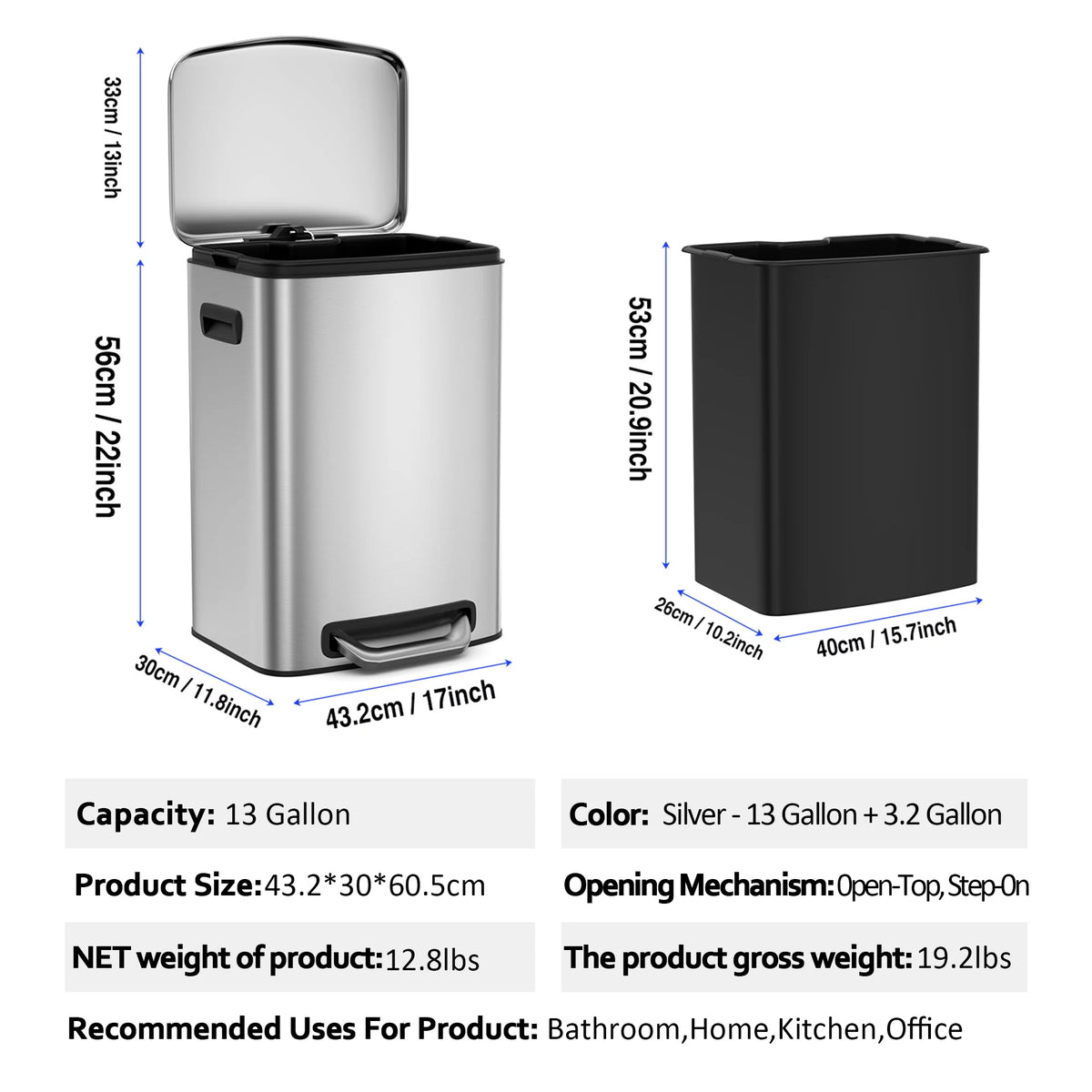 13 Gallon 50L Thickened Stainless Steel Trash Can with Lid O1840