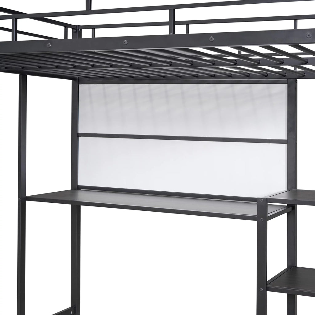 Full Size Black Metal Loft Bed with Desk and Whiteboard N1137