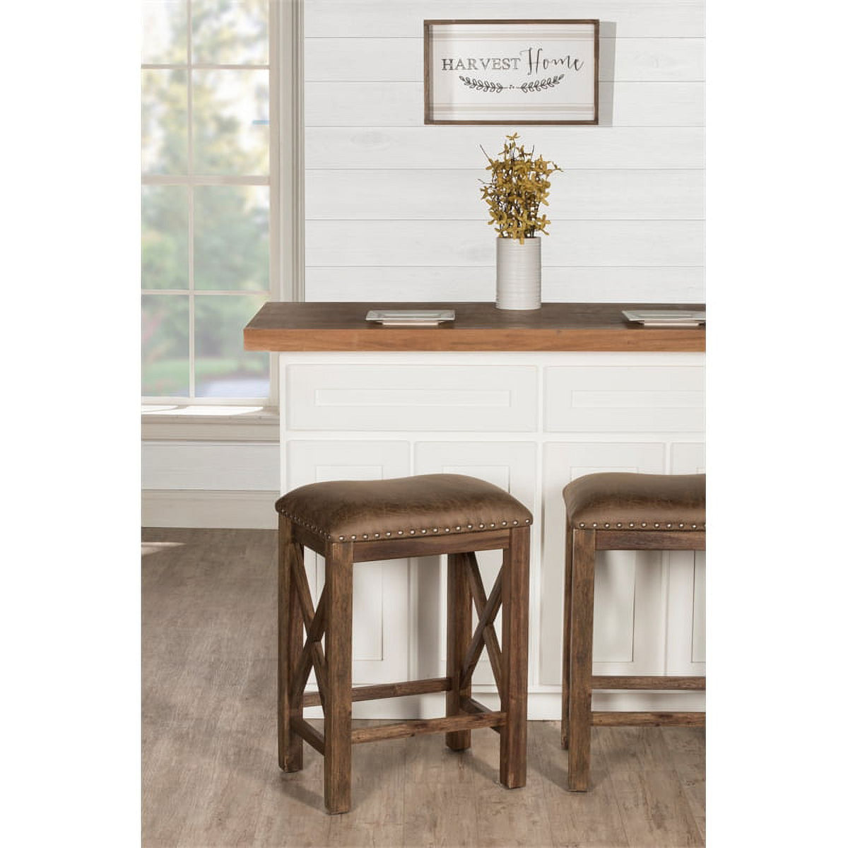 26" Wood/Faux Leather Counter Stool in Brown (Set of 2) A7189