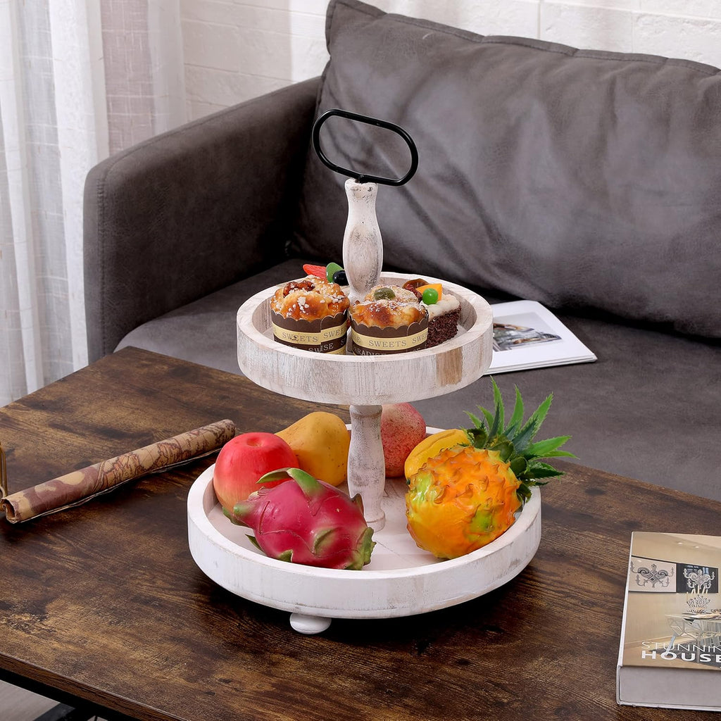 Rustic 2 Tier Cake Stand with Handle and Coaster L48425