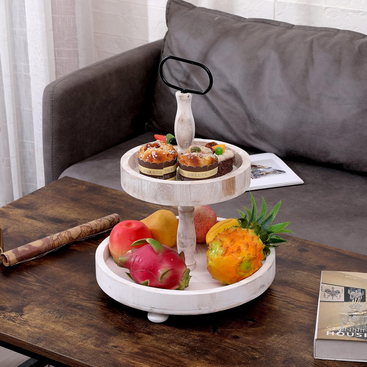 Rustic 2 Tier Cake Stand with Handle and Coaster L48425