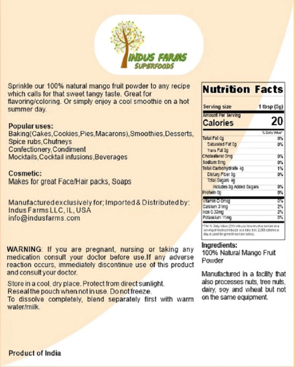 100% Natural Mango Whole Fruit Powder F781