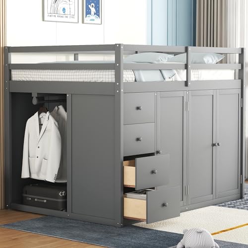 Gray Full Size Loft Bed with Desk Wardrobe 3 Drawers 2 Shelves K77896