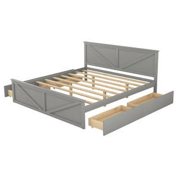 King Size Wooden Platform Bed with Storage Drawers C61383