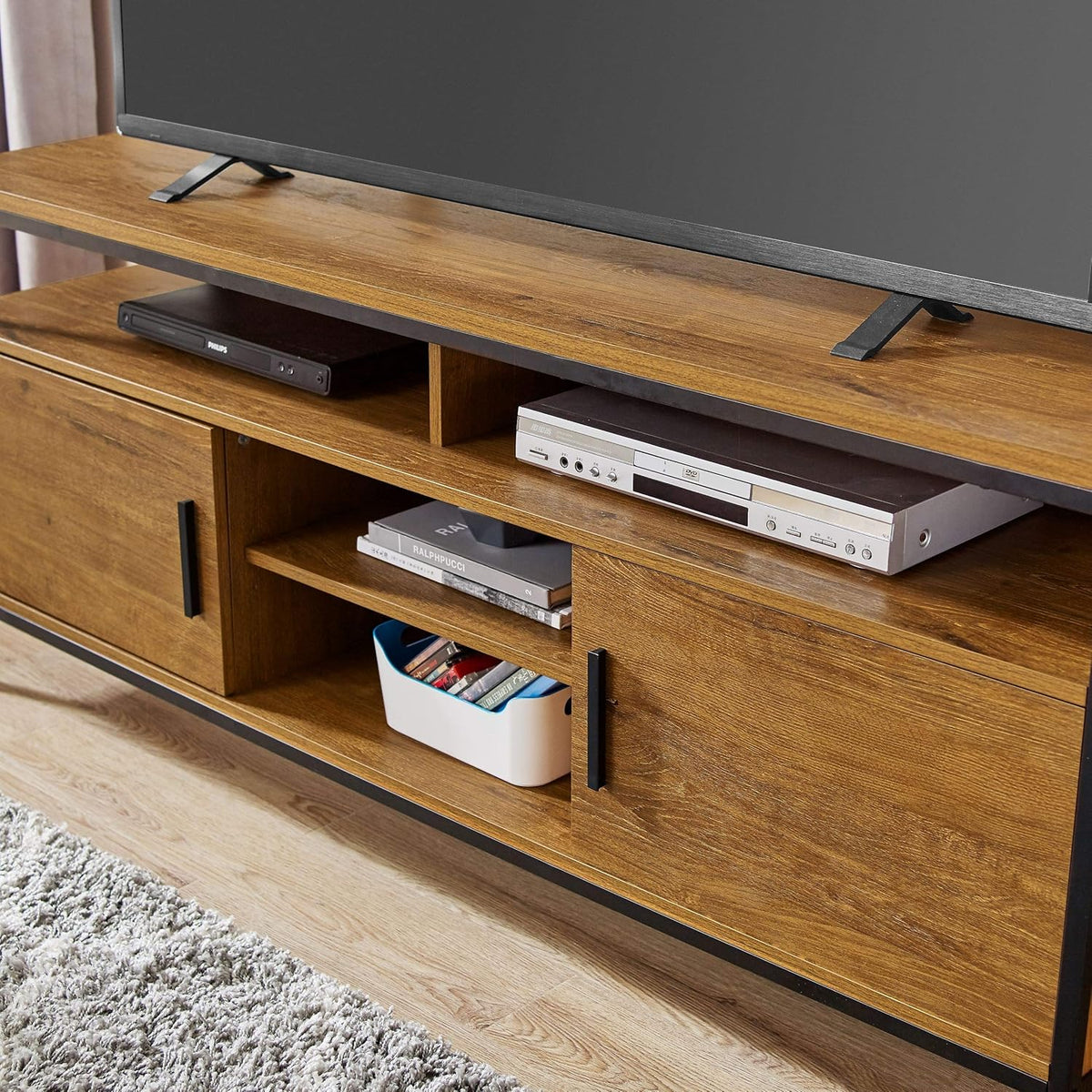 Brown Oak Wood Look Entertainment Center with Two Doors and Storage Shelves M34241