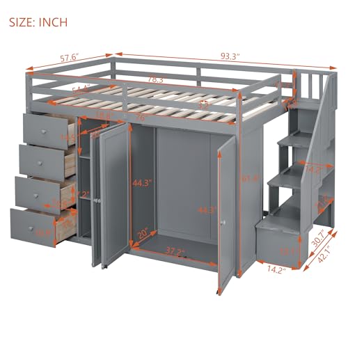 Gray Full Size Loft Bed with Desk Wardrobe 3 Drawers 2 Shelves K77896