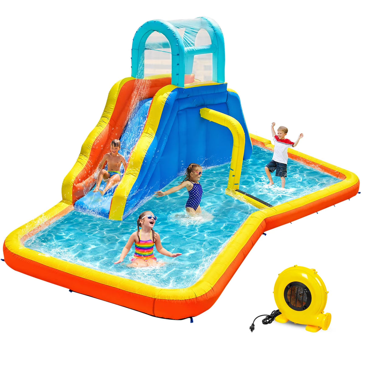 Inflatable Water Slide Park with Spray Pool, Bounce House with Climbing Wall and Blower F42379