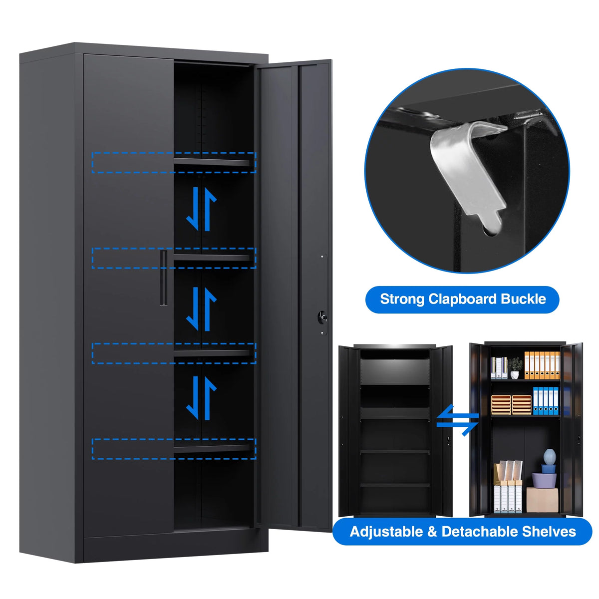 Black Metal Storage Cabinet with Lockable Doors and Shelves Z6116