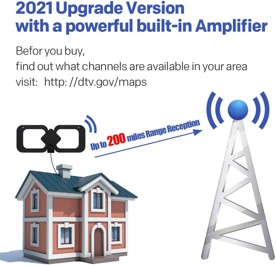 Indoor HDTV Antenna with Amplifier Signal Booster, 4K 1080p, 13.3ft Coax Cable, Pack of 2 O399