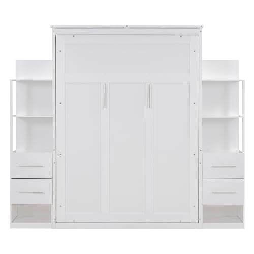 White Full Murphy Bed with Storage Shelves and Drawers H99579
