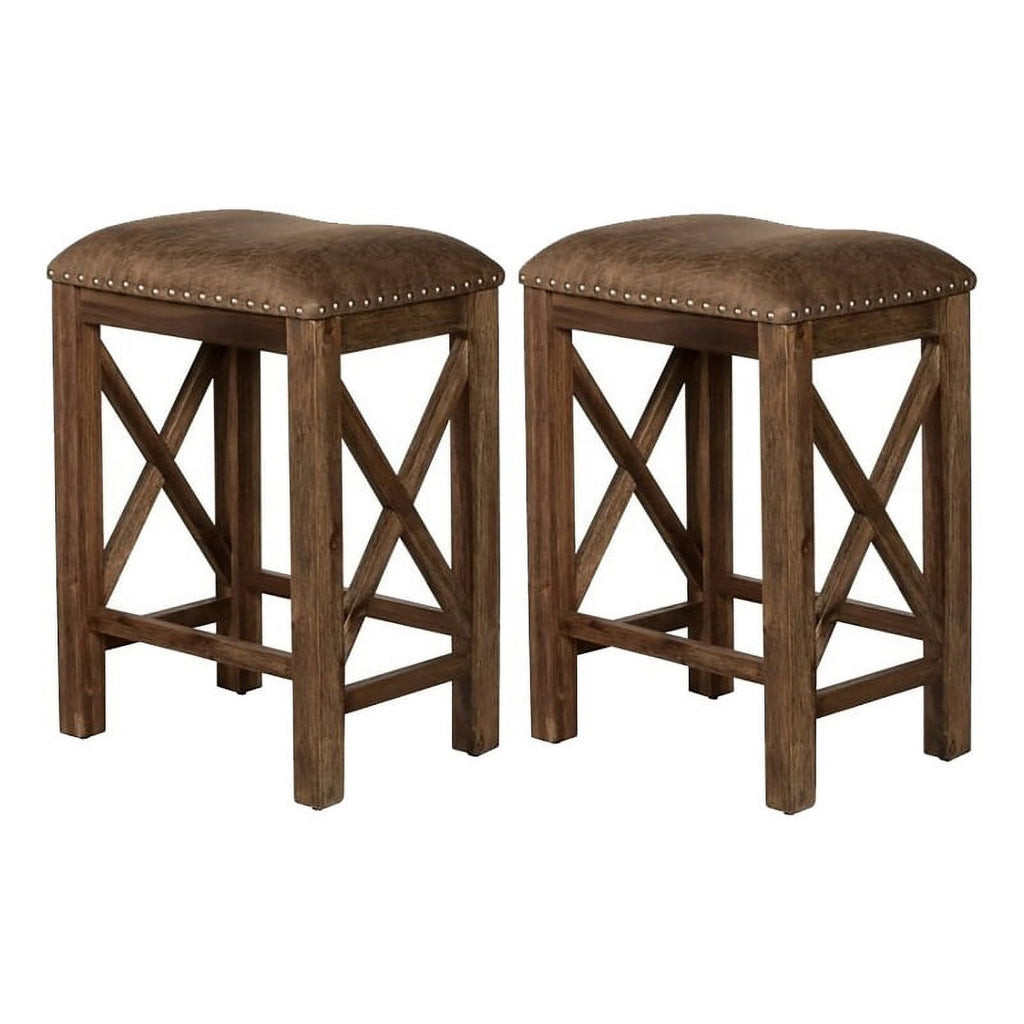26" Wood/Faux Leather Counter Stool in Brown (Set of 2) A7189