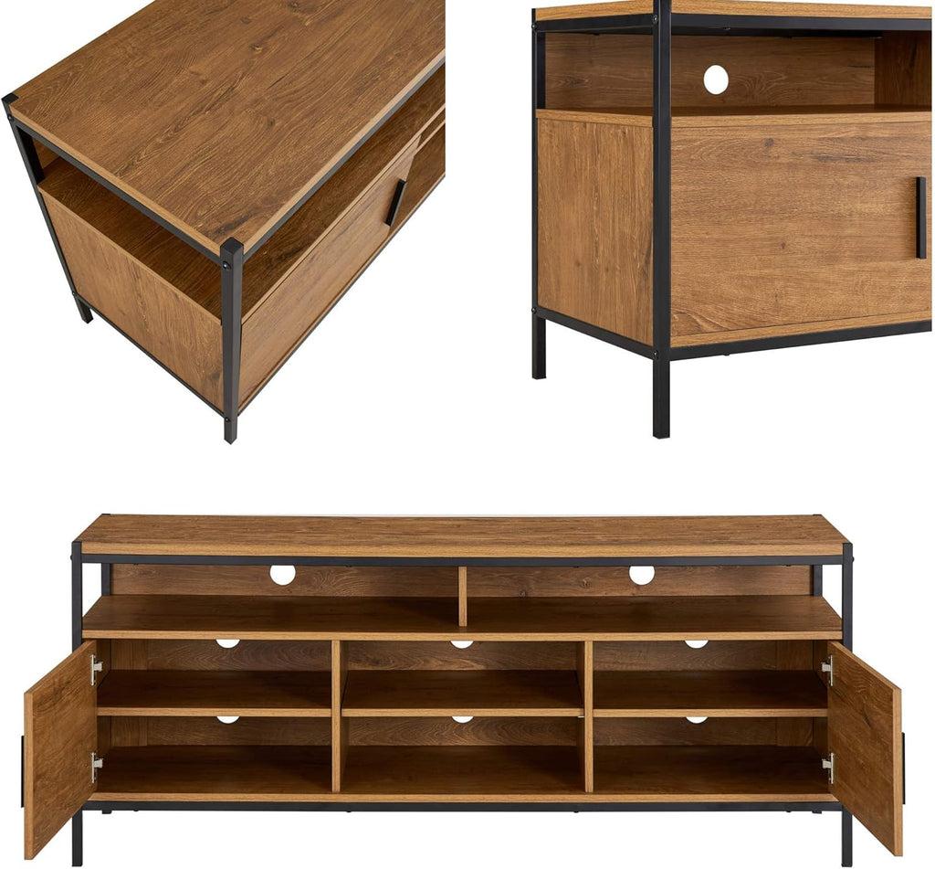 Brown Oak Wood Look Entertainment Center with Two Doors and Storage Shelves M34241