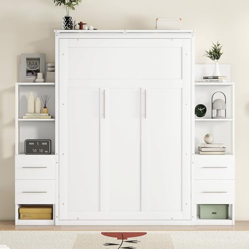 White Full Murphy Bed with Storage Shelves and Drawers H99579