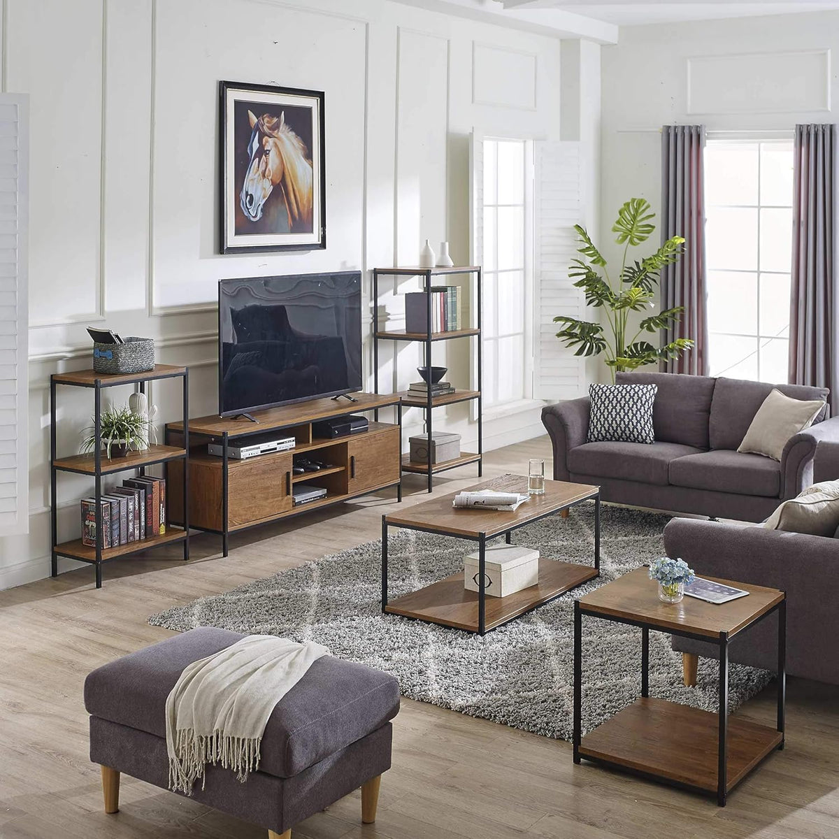 Brown Oak Wood Look Entertainment Center with Two Doors and Storage Shelves M34241
