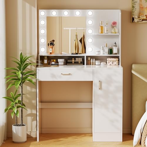 White Vanity Desk with Mirror & Lights V570586