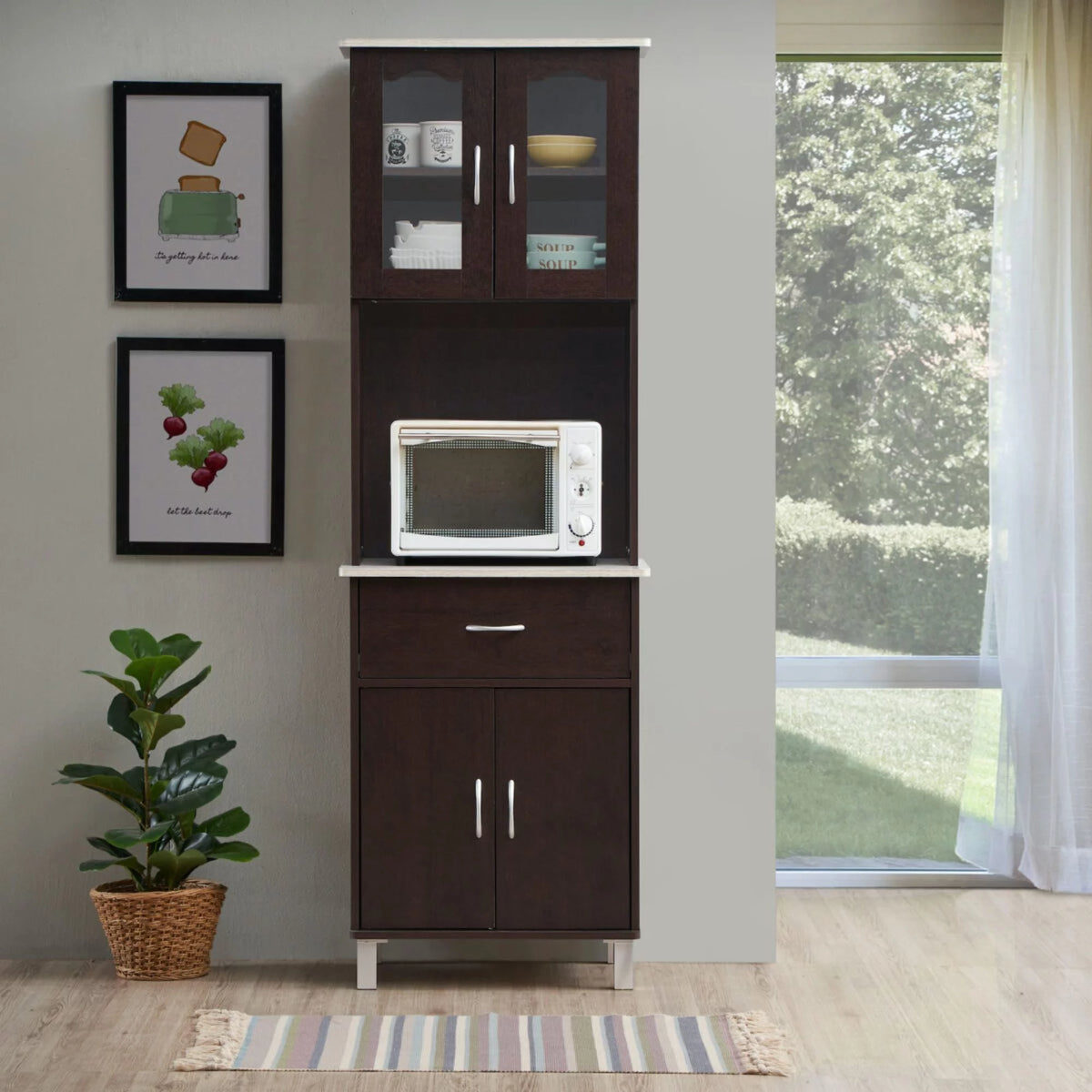 4-Door 1-Drawer Kitchen China Cabinet in Chocolate Wood D564