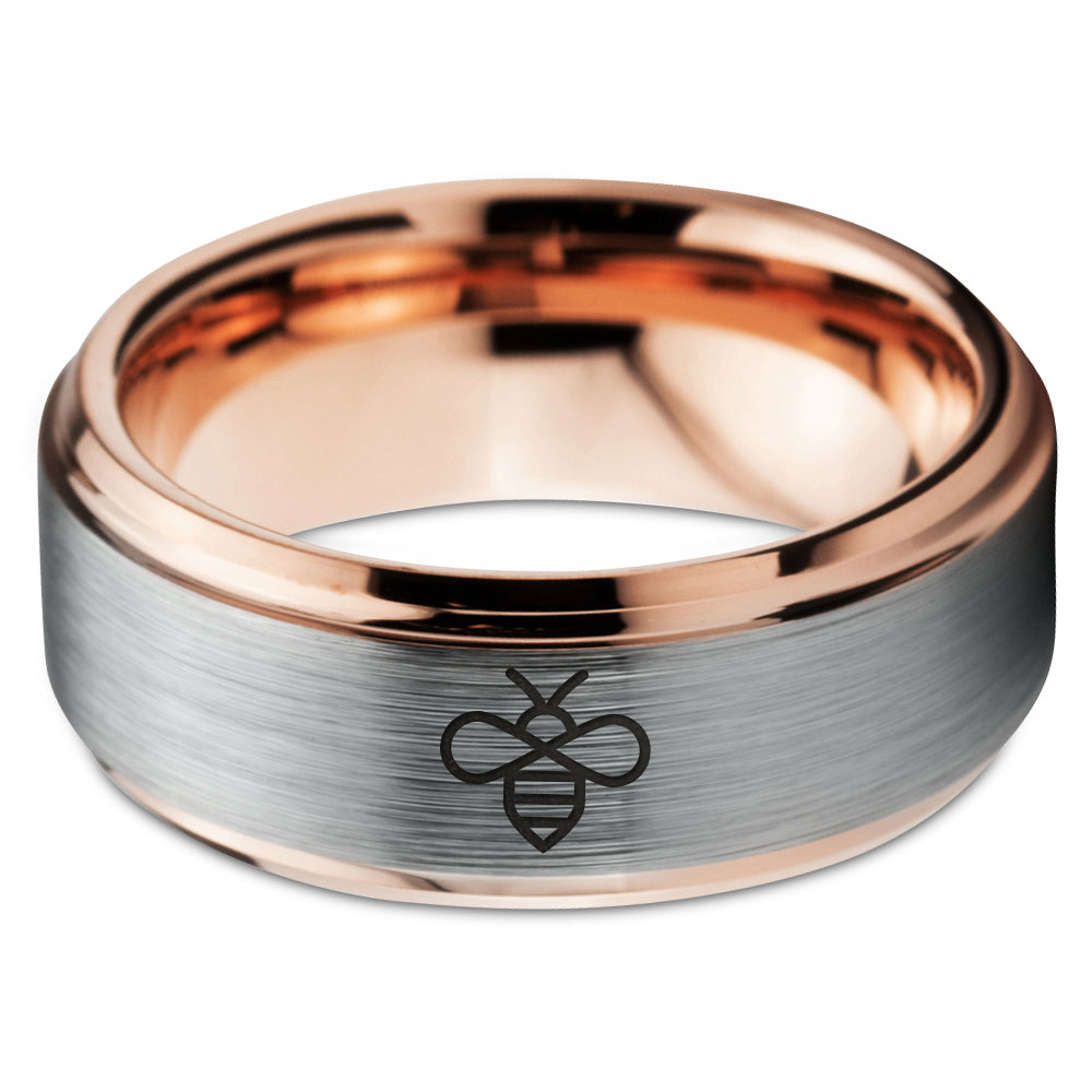 Tungsten Bee Ring 8mm Comfort Fit 18k Rose Gold Brushed Polished A225
