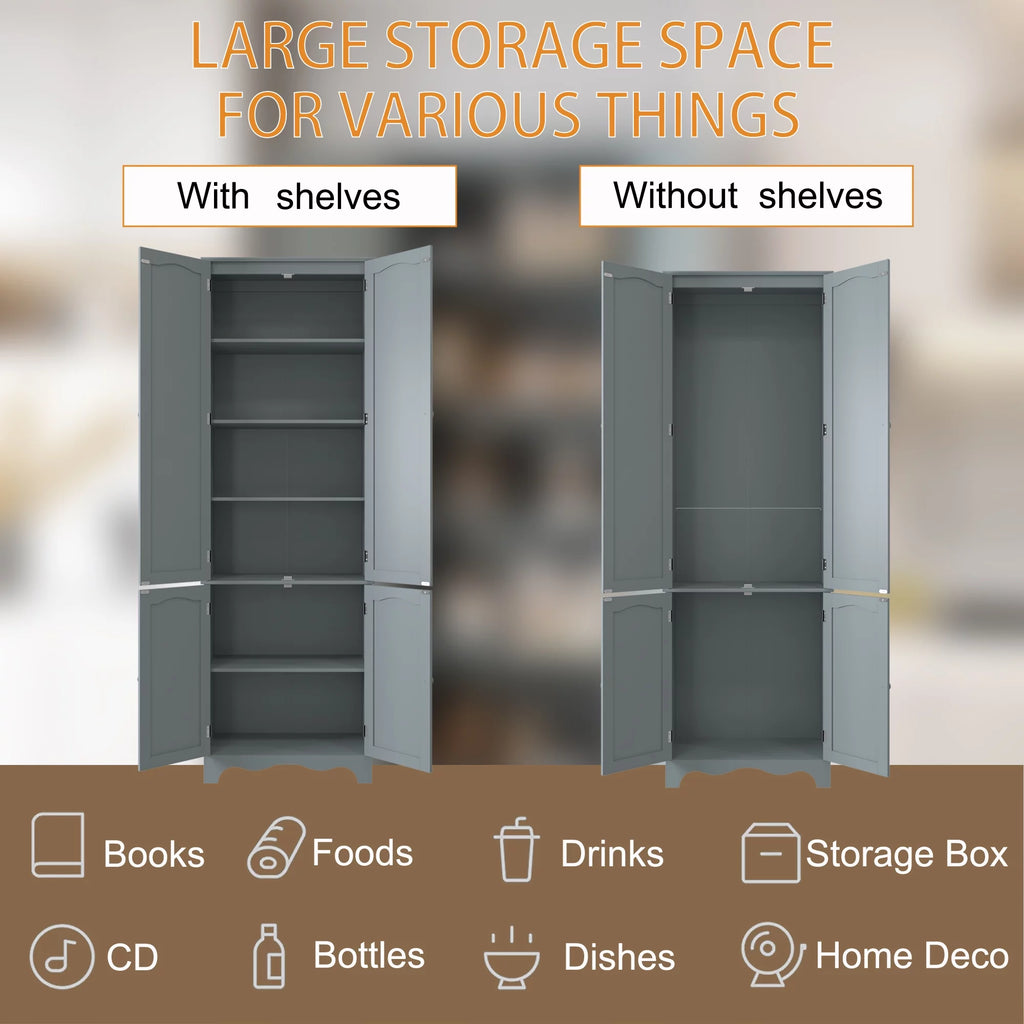 72" H Freestanding Tall Pantry Cabinet with 2 Large Cabinets and Adjustable Shelves H4145