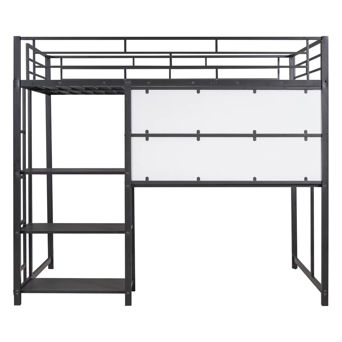 Full Size Black Metal Loft Bed with Desk and Whiteboard N1137