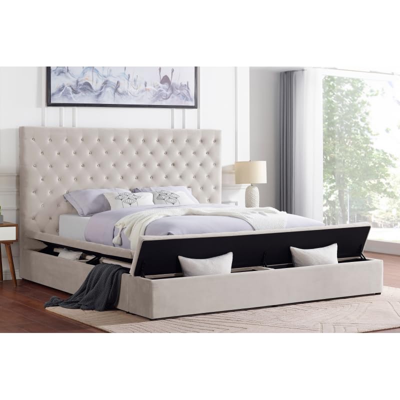 Cream Eastern King Velvet Tufted Storage Bed A31944
