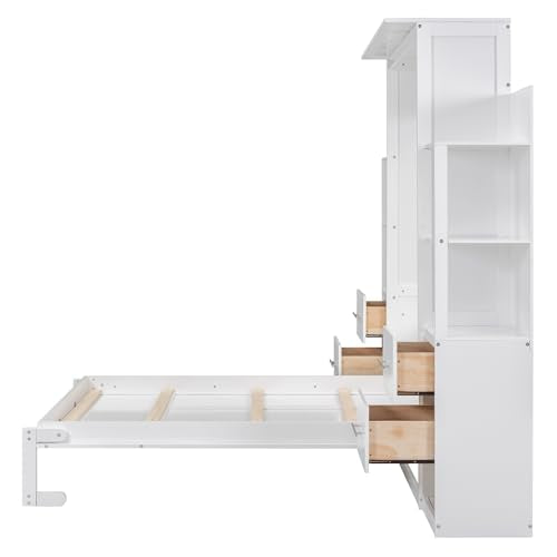 White Full Murphy Bed with Storage Shelves and Drawers H99579