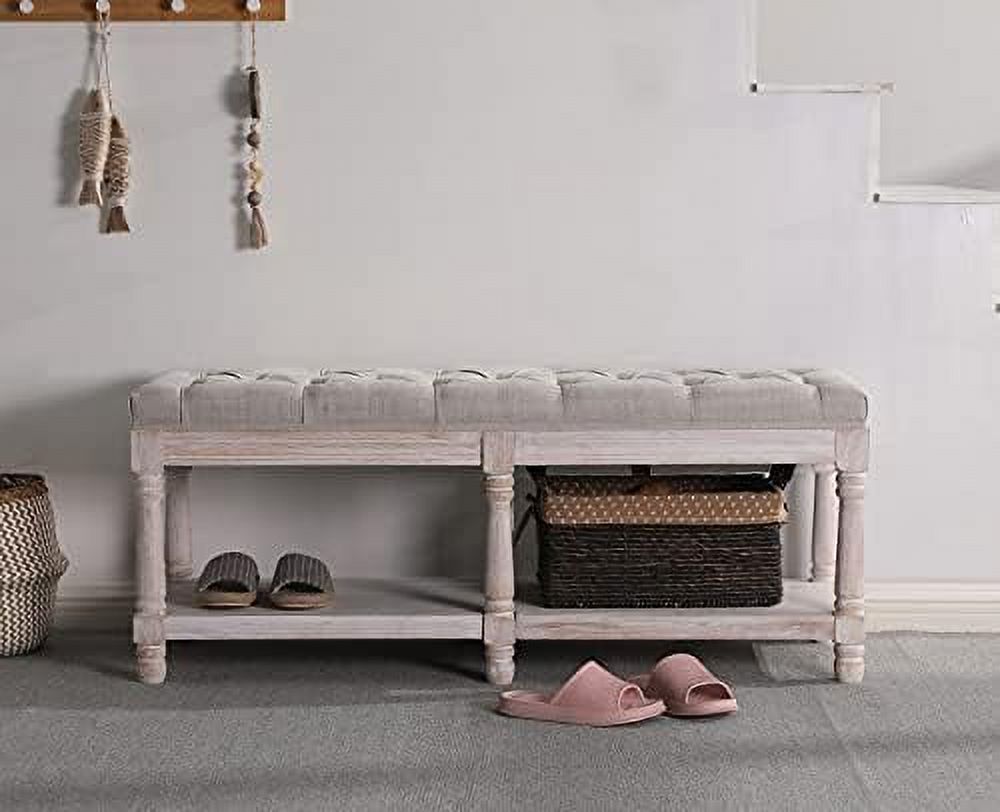Beige Tufted Entryway Bench with Shoe Rack T50649
