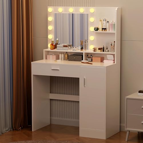 White Vanity Desk with Mirror & Lights V570586