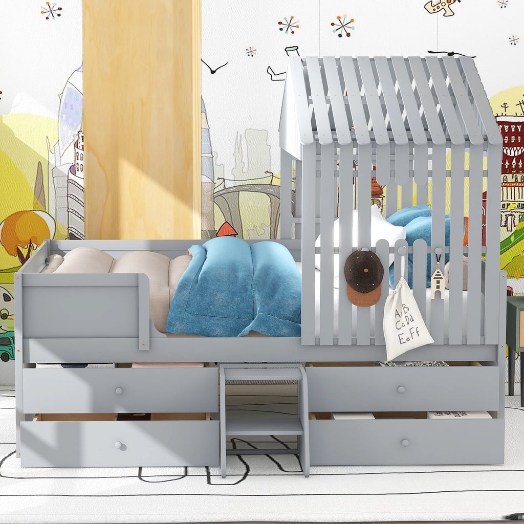 Full Size Low Loft Bed with Four Drawers, Gray Y318
