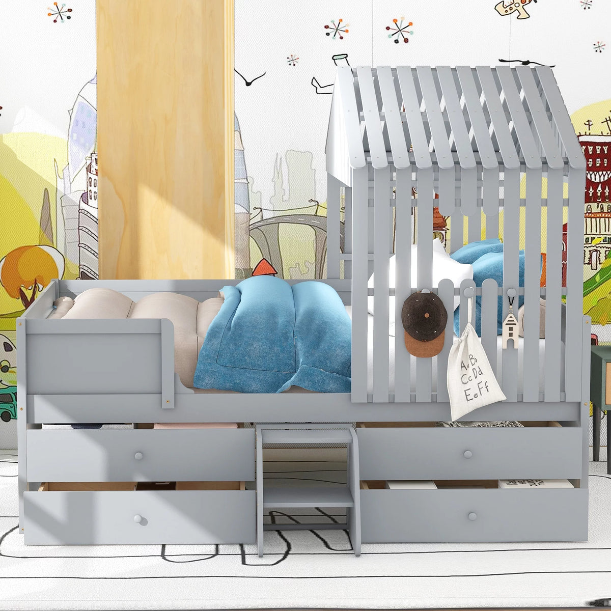 Full Size Low Loft Bed with Four Drawers, Gray Y318