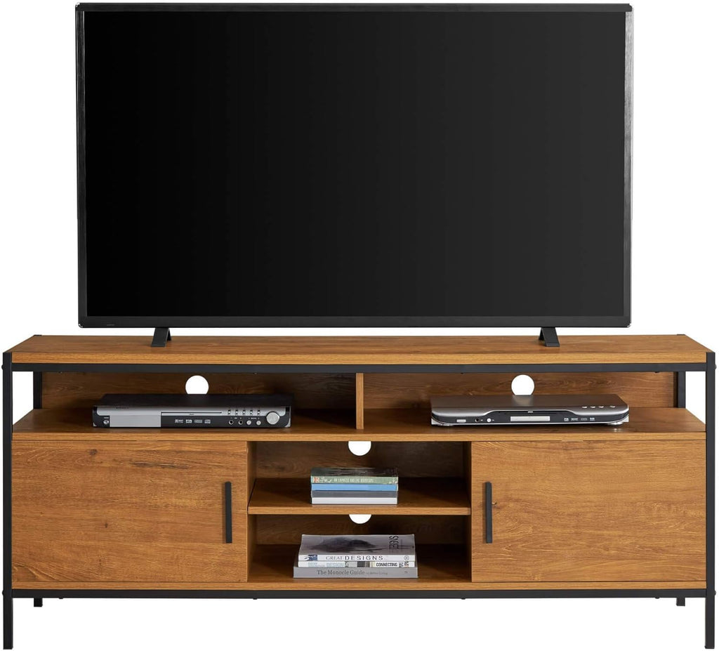 Brown Oak Wood Look Entertainment Center with Two Doors and Storage Shelves M34241