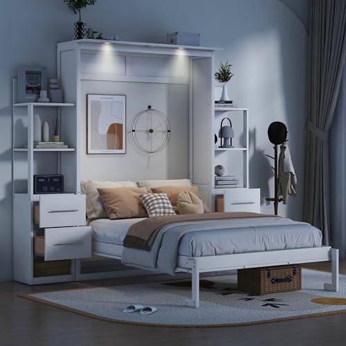 White Full Murphy Bed with Storage Shelves and Drawers H99579