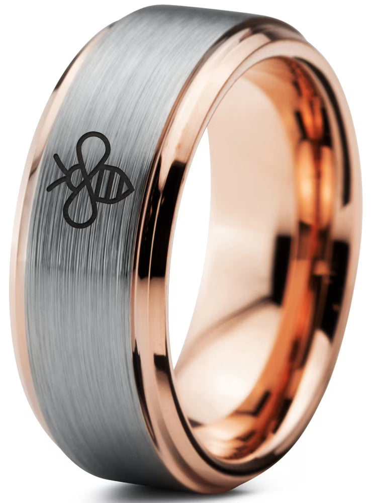 Tungsten Bee Ring 8mm Comfort Fit 18k Rose Gold Brushed Polished A225