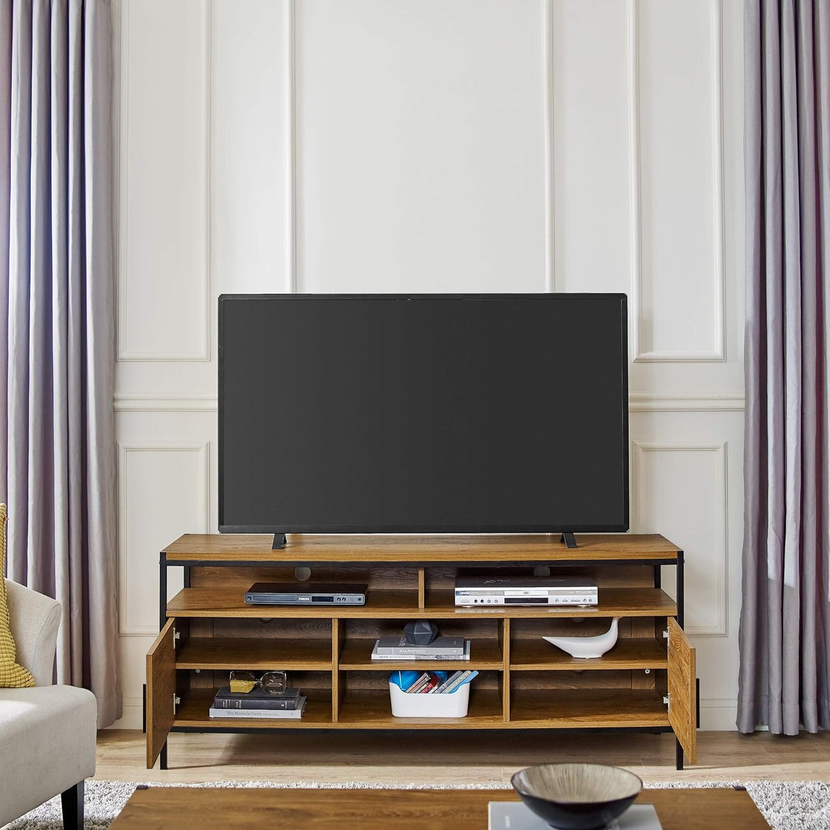 Brown Oak Wood Look Entertainment Center with Two Doors and Storage Shelves M34241
